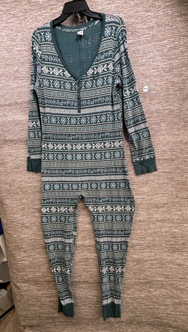 PINK Victorias Secret One Piece Pajama Size XL Fair Isle Green White Thermal